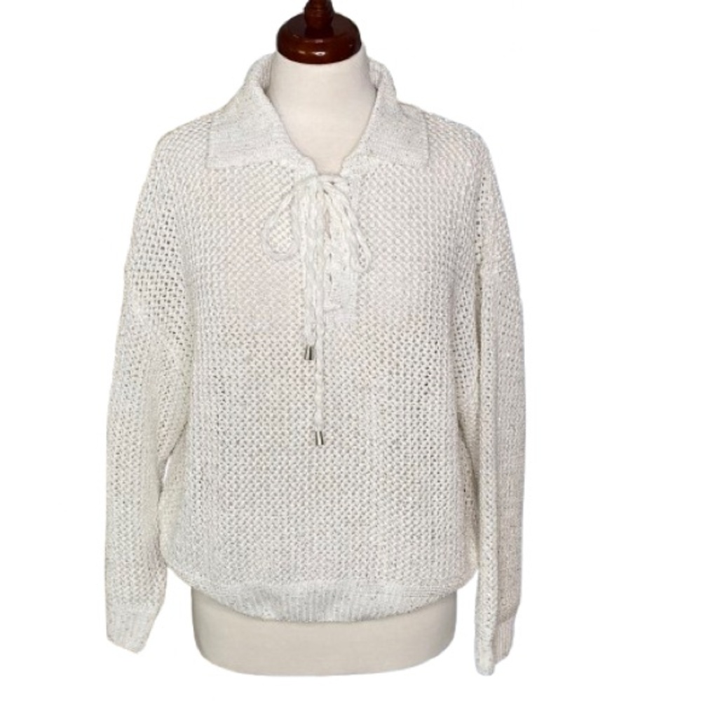 Joie Women’s White & Silver Collared Sweater Size XL Lace Up Detail Loose Knit